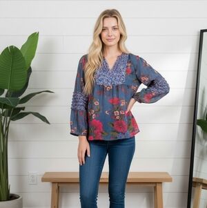 Daniel Raim Floral Print Boho Blouse Top Women's Blue Pink Long‎ Sleeve V-Neck